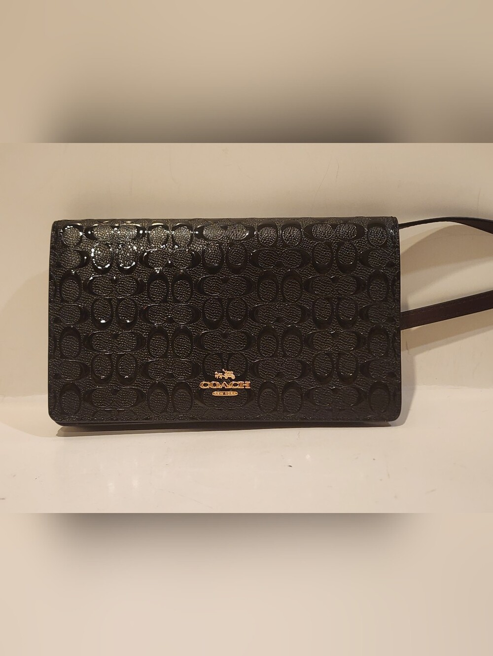 Coach F15620 Signature Debossed Patent Leather Foldover Clutch Crossbody Black